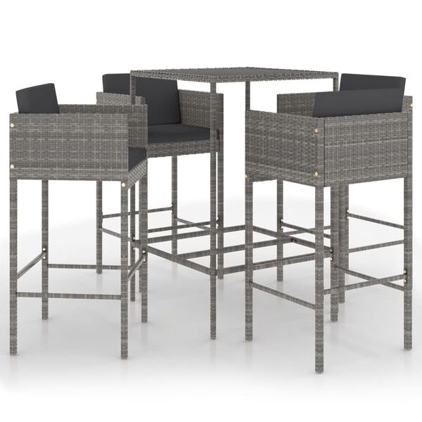 vidaXL 5 Piece Garden Bar Set with Cushions Poly Rattan Grey
