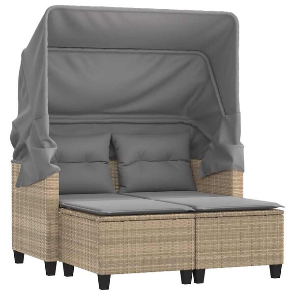 vidaXL Garden Sofa 2-Seater with Canopy and Stools Beige Poly Rattan