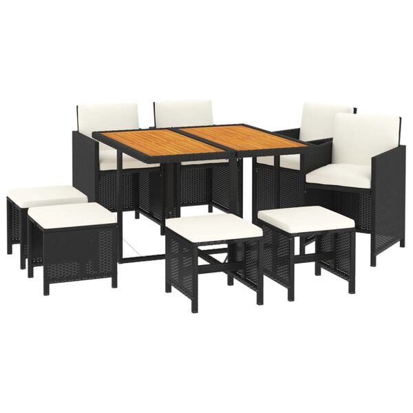 vidaXL 9 Piece Garden Dining Set with Cushions Poly Rattan Black