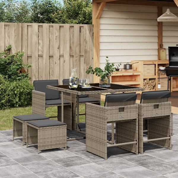 vidaXL 9 Piece Garden Dining Set with Cushions Grey Poly Rattan