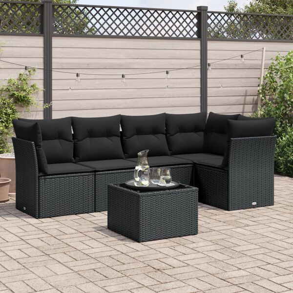 vidaXL 6 Piece Garden Sofa Set with Cushions Black Poly Rattan