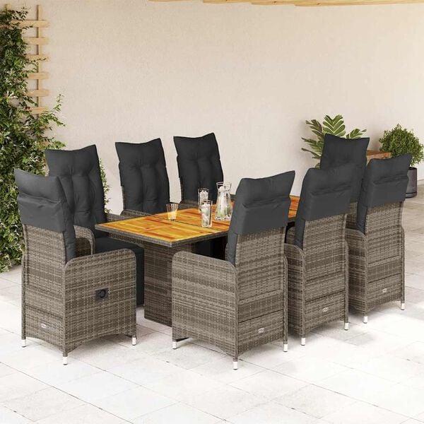 vidaXL 9 Piece Garden Bistro Set with Cushions Grey Poly Rattan
