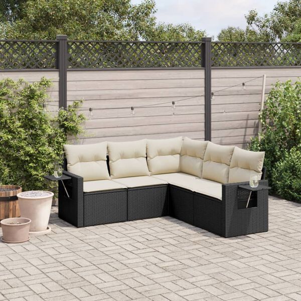 vidaXL 5 Piece Garden Sofa Set with Cushions Black Poly Rattan