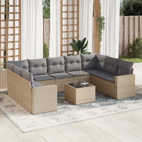 vidaXL 10 Piece Garden Sofa Set with Cushions Beige Poly Rattan