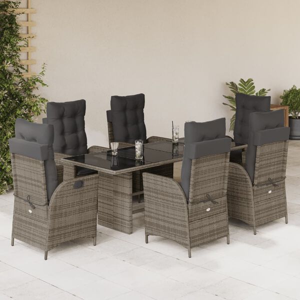 vidaXL 7 Piece Garden Dining Set with Cushions Grey Poly Rattan