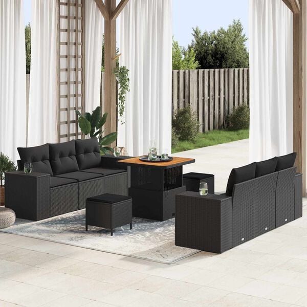 vidaXL Garden Sofa Set with Cushion 9 pcs Black Poly rattan