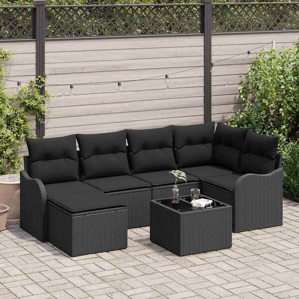 vidaXL Garden Sofa Set with Cushion 7 pcs Black Poly rattan