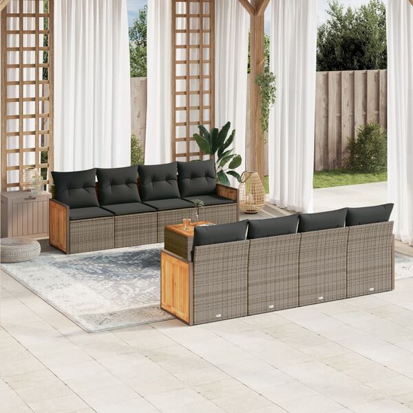 vidaXL 9 Piece Garden Sofa Set with Cushions Grey Poly Rattan