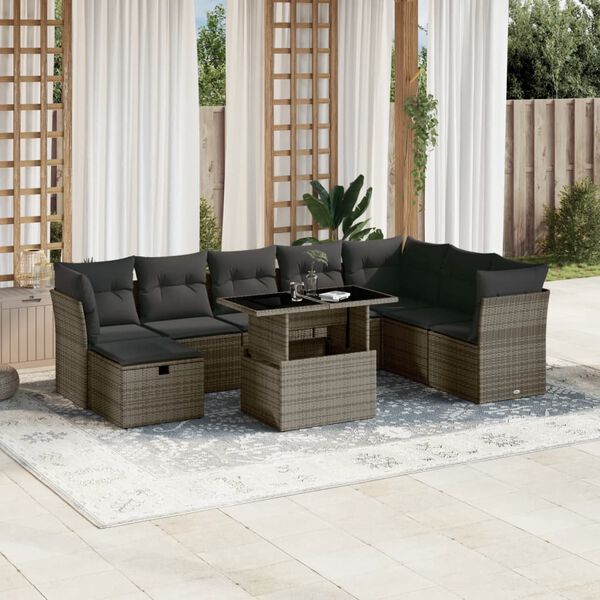 vidaXL 9 Piece Garden Sofa Set with Cushions Grey Poly Rattan