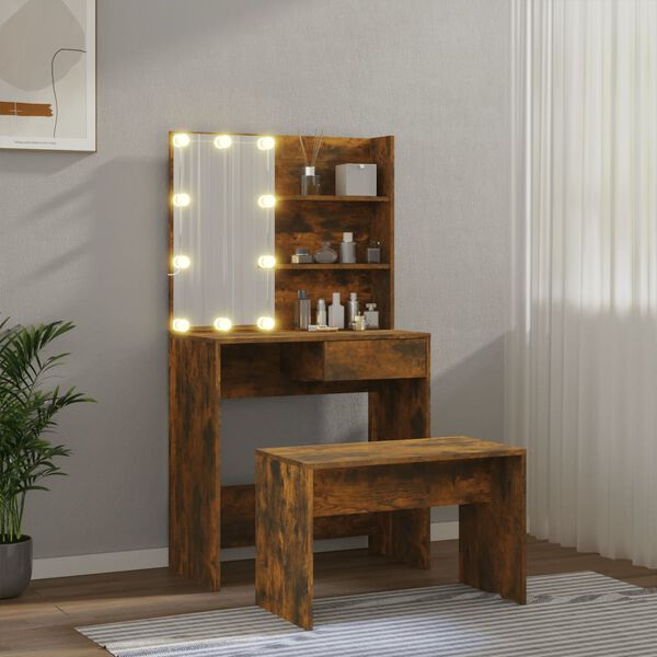 vidaXL Dressing Table Set with LED Smoked Oak Engineered Wood