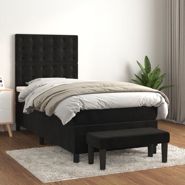 vidaXL Box Spring Bed with Mattress Black 106x203 cm King Single Size Velvet