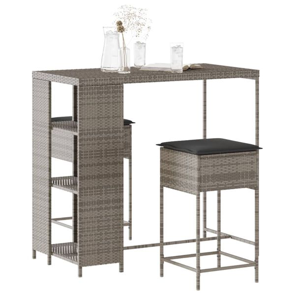 vidaXL 3 Piece Garden Bar Set with Cushions Grey Poly Rattan