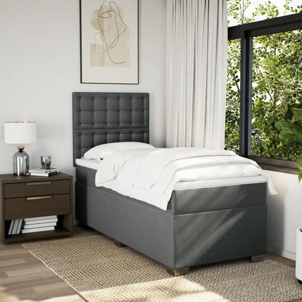 vidaXL Box Spring Bed with Mattress Dark Grey King Single Fabric