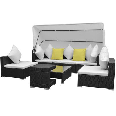 vidaXL 7 Piece Garden Lounge Set with Canopy Poly Rattan Black