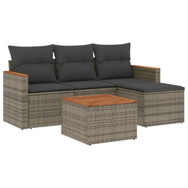vidaXL 5 Piece Garden Sofa Set with Cushions Grey Poly Rattan