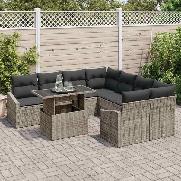 vidaXL Garden Sofa Set with Storage 9 pcs Grey Poly rattan