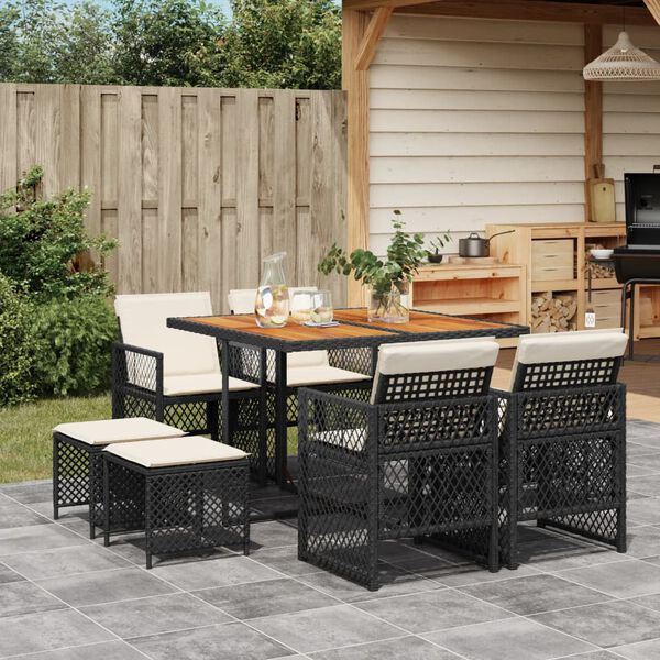 vidaXL 9 Piece Garden Dining Set with Cushions Black Poly Rattan