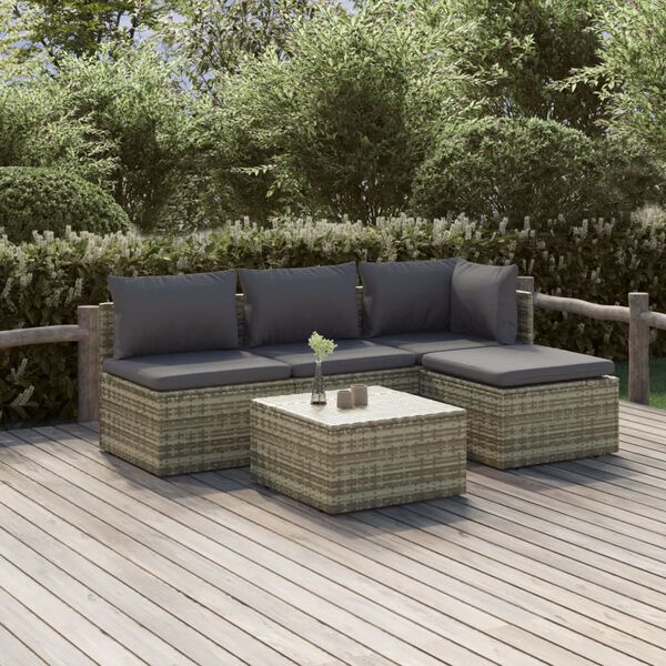 vidaXL 5 Piece Garden Lounge Set with Cushions Grey Poly Rattan
