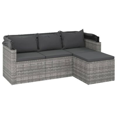 vidaXL 3-Seater Garden Sofa with Roof and Footstool Grey Poly Rattan