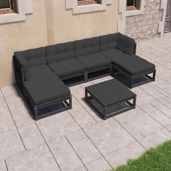 vidaXL 7 Piece Garden Lounge Set with Cushions Black Solid Pinewood