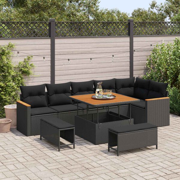 vidaXL Garden Sofa Set with Cushion 9 pcs Black Poly rattan