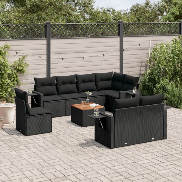 vidaXL 9 Piece Garden Sofa Set with Cushions Black Poly Rattan
