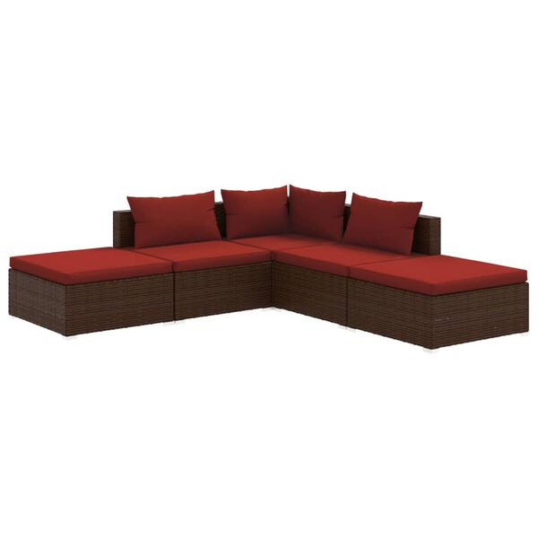 vidaXL 5 Piece Garden Lounge Set with Cushions Poly Rattan Brown