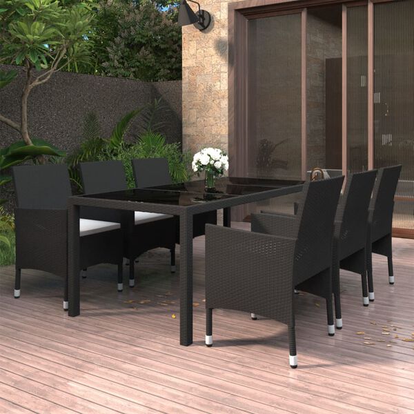 vidaXL 7 Piece Garden Dining Set Poly Rattan and Tempered Glass Black