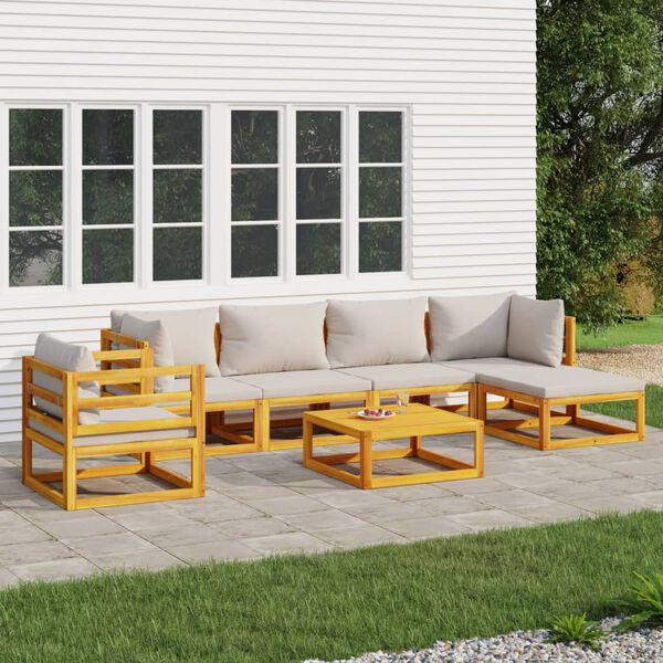 vidaXL 7 Piece Garden Lounge Set with Light Grey Cushions Solid Wood