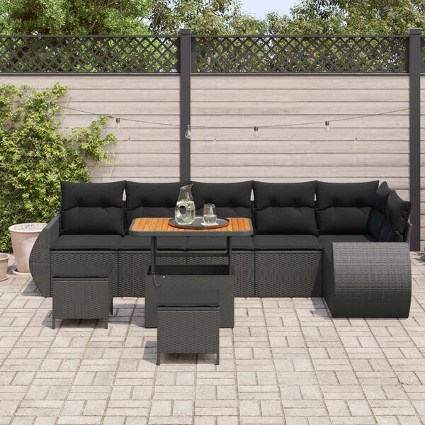 vidaXL Garden Sofa Set with Cushion 9 pcs Black Poly Rattan