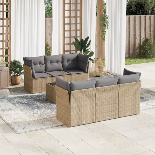 vidaXL 7 Piece Garden Sofa Set with Cushions Beige Poly Rattan