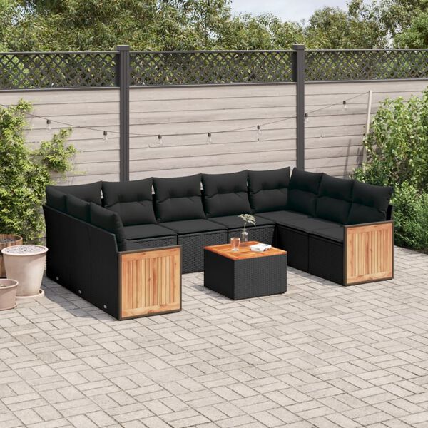 vidaXL 10 Piece Garden Sofa Set with Cushions Black Poly Rattan