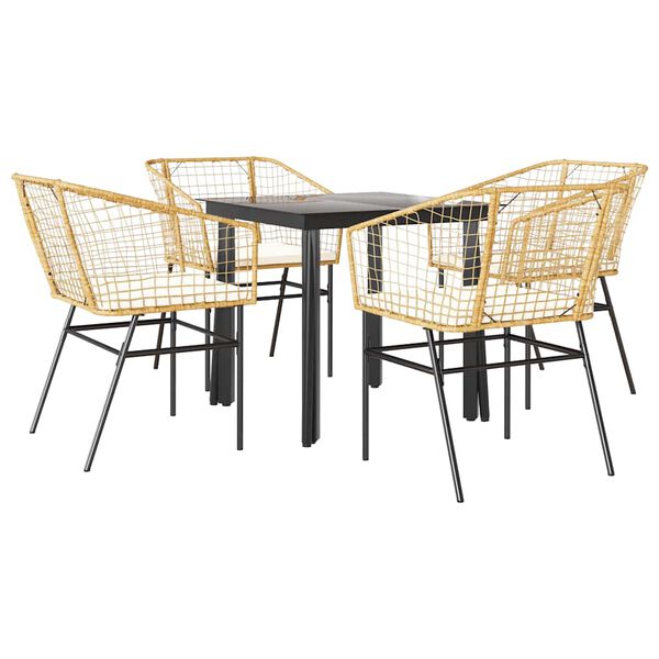 vidaXL 5 Piece Garden Dining Set with Cushions Brown Poly Rattan Glass