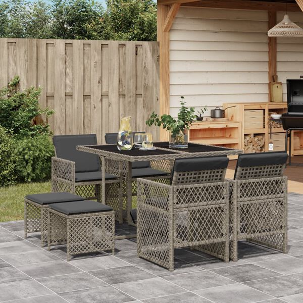 vidaXL 9 Piece Garden Dining Set with Cushions Grey Poly Rattan