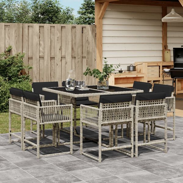 vidaXL 9 Piece Garden Dining Set with Cushions Light Grey Poly Rattan