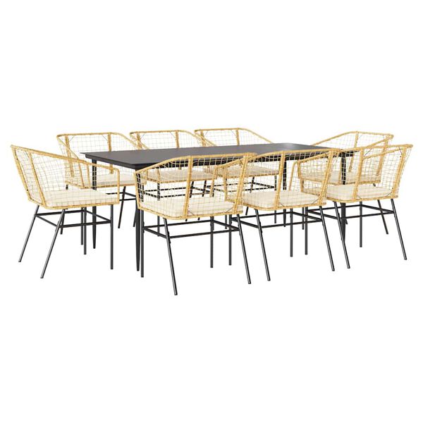 vidaXL 9 Piece Garden Dining Set with Cushions Brown Poly Rattan Glass