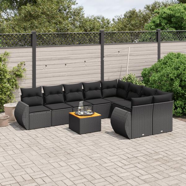 vidaXL 10 Piece Garden Sofa Set with Cushions Black Poly Rattan