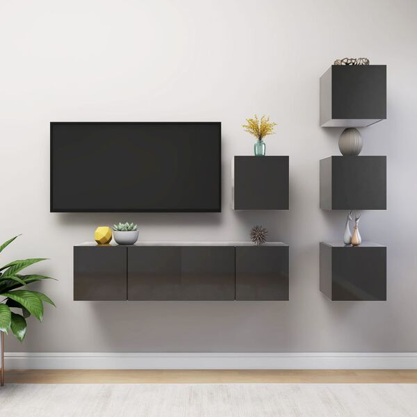 vidaXL 6 Piece TV Cabinet Set High Gloss Grey Engineered Wood