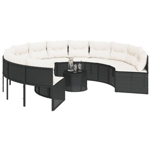 vidaXL Garden Sofa with Table and Cushions Round Black Poly Rattan