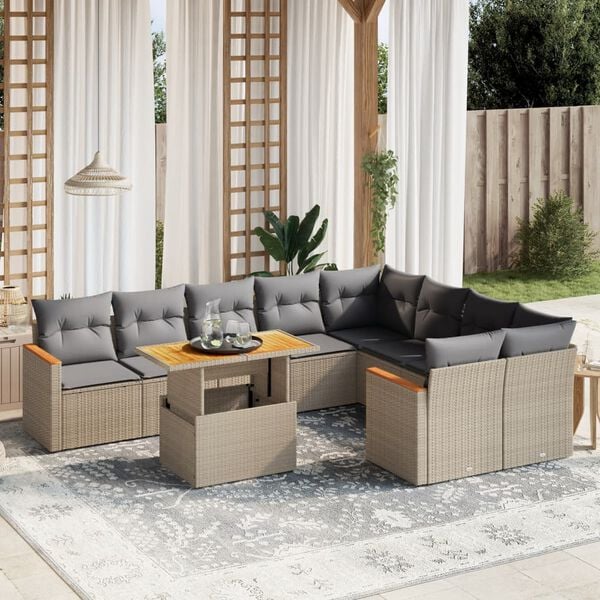 vidaXL 10 Piece Garden Sofa Set with Cushions Beige Poly Rattan