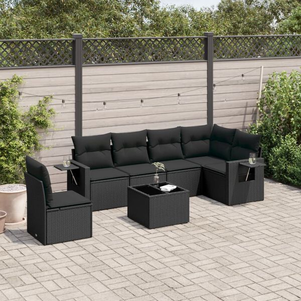 vidaXL 7 Piece Garden Sofa Set with Cushions Black Poly Rattan