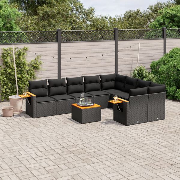 vidaXL 10 Piece Garden Sofa Set with Cushions Black Poly Rattan