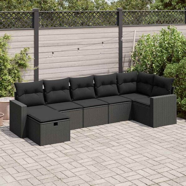 vidaXL 7 Piece Garden Sofa Set with Cushions Black Poly Rattan