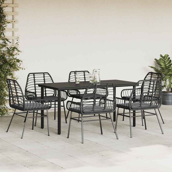 vidaXL 7 Piece Garden Dining Set with Cushions Black Poly Rattan Glass
