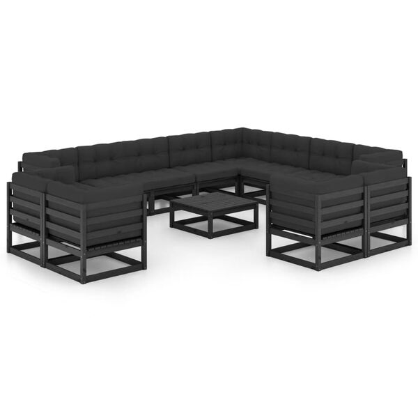 vidaXL 13 Piece Garden Lounge Set with Cushions Black Solid Pinewood