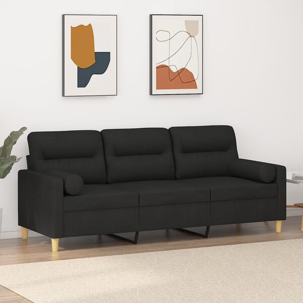 vidaXL 3-Seater Sofa with Throw Pillows Black 180 cm Fabric
