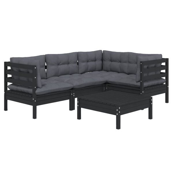 vidaXL 5 Piece Garden Lounge Set with Cushions Black Pinewood