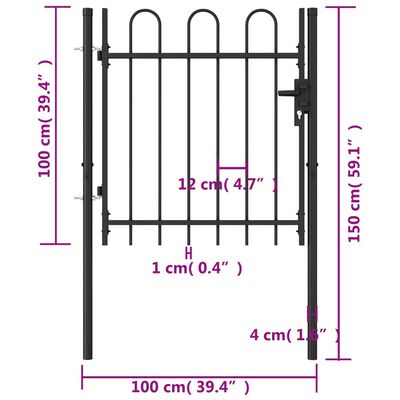 vidaXL Fence Gate Single Door with Arched Top Steel 1x1 m Black