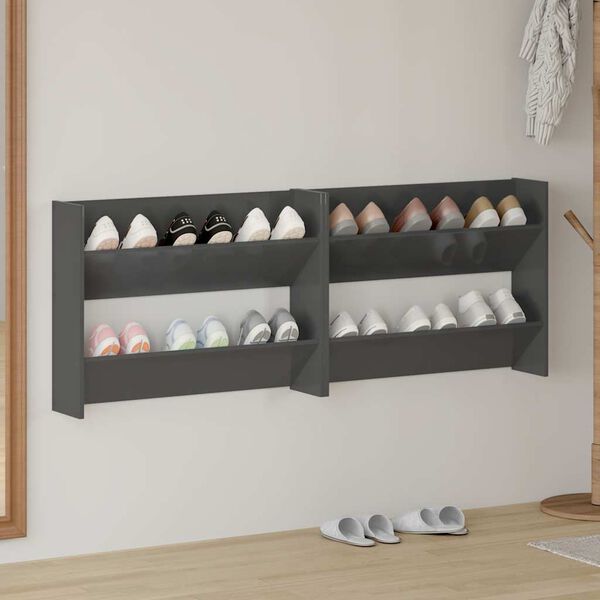 vidaXL Wall Shoe Cabinets 2 pcs High Gloss Grey 80x18x60 cm Engineered Wood