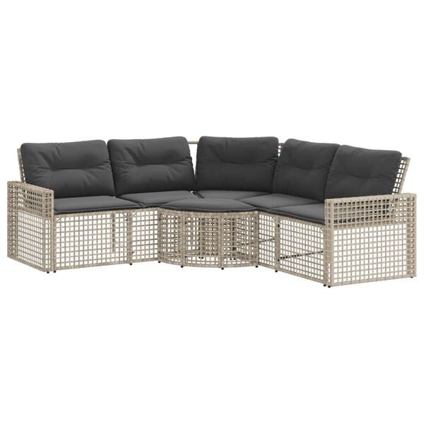 vidaXL Garden Sofa with Cushions and Footstool L-Shaped Light Grey Poly Rattan